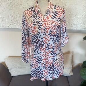 CAbi Geometric Print 3/4 Roll Tab Sleeve Button-Up Blouse Collar - Size M